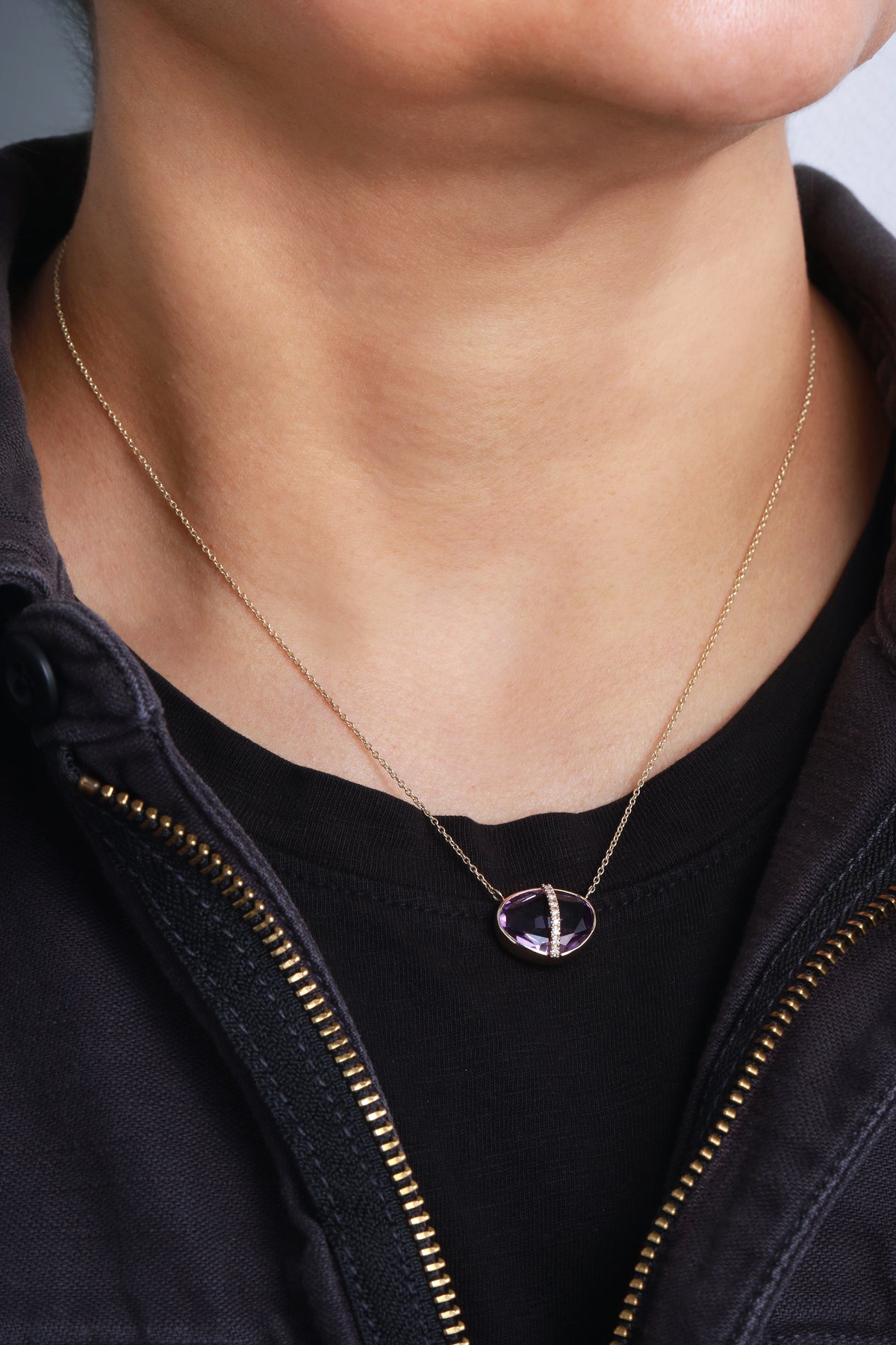 Diamond Bezel Wrapped Rose Amethyst Pendant Necklace Necklaces 756A6413