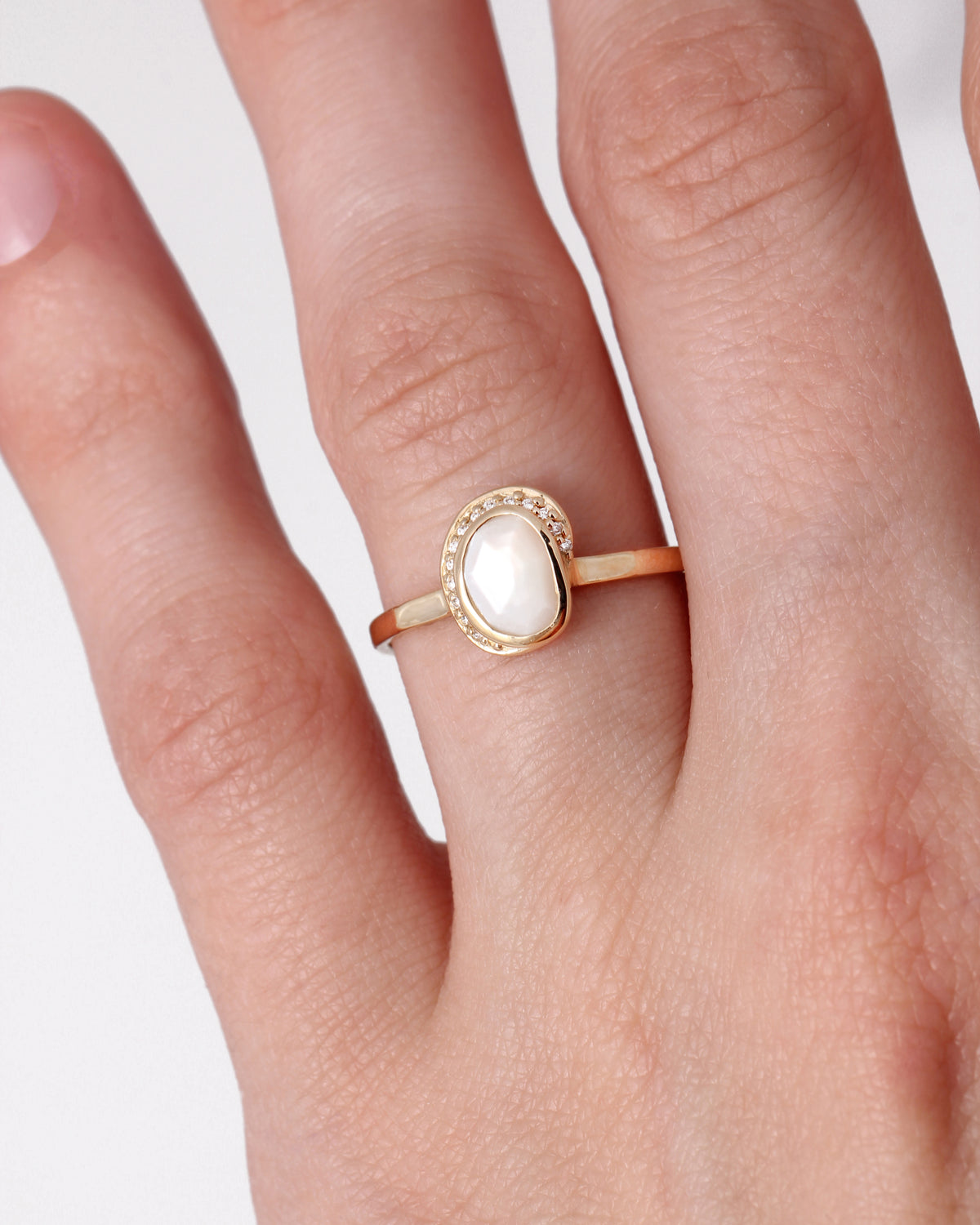 Small Freeform Mother of Pearl Diamond Crescent Moon Ring BFCM Stock Ring IMG_2386