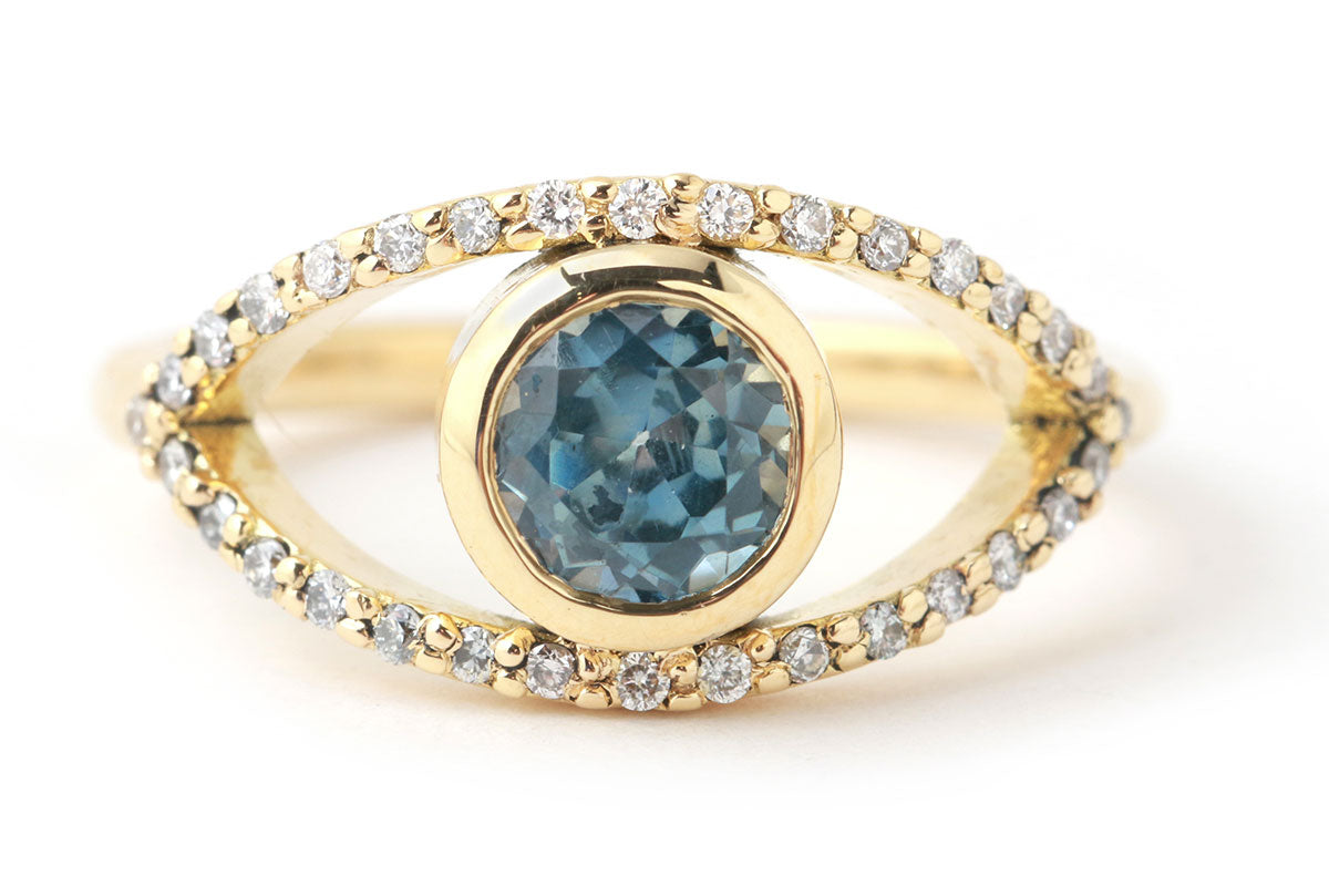 Round Blue Sapphire Eye Ring with Diamond Pavé Rings OFK4410-ecom