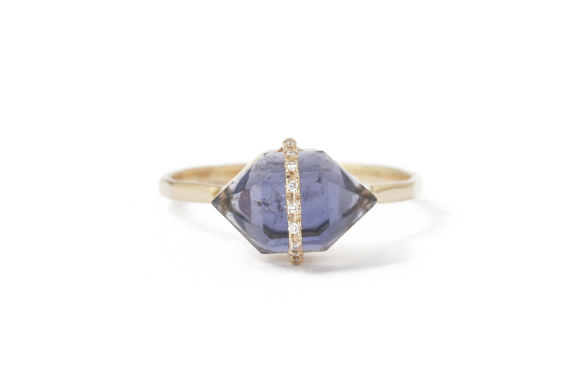 Micropave Bezel Wrapped Herkimer cut Iolite Ring BFCM Stock Ring R1317GIOL