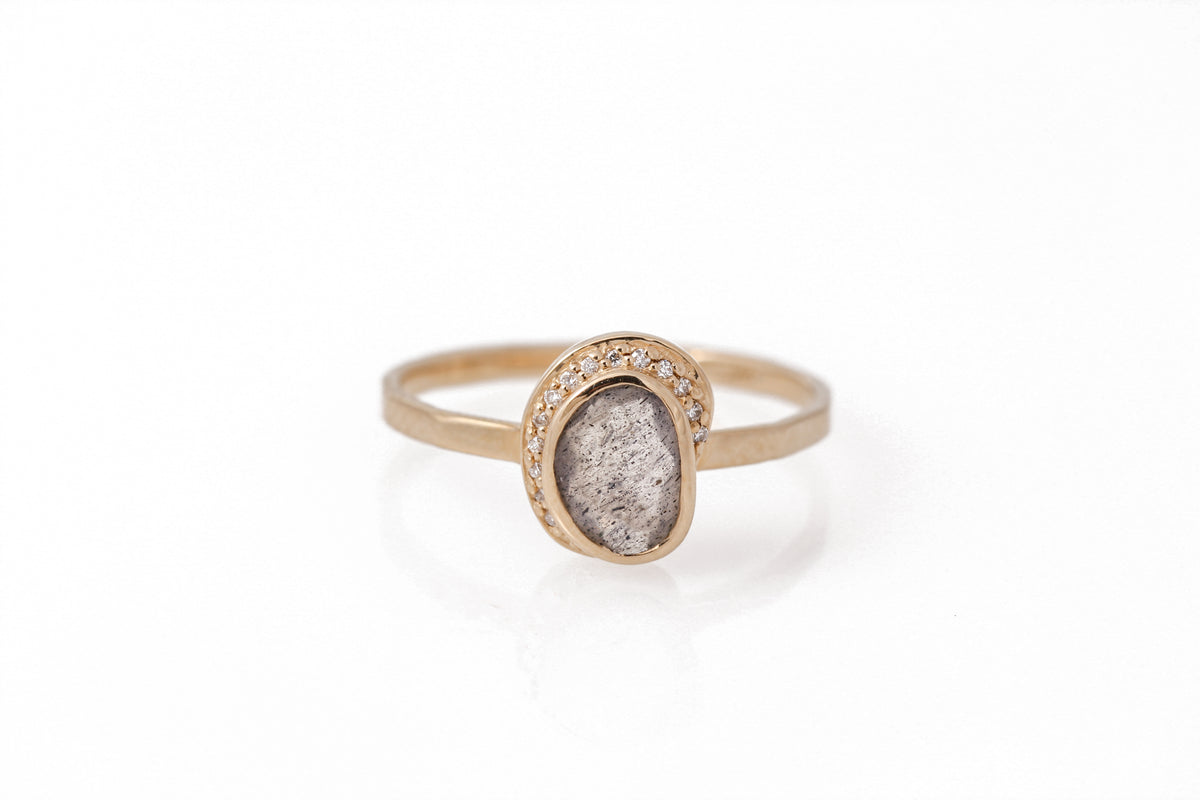 Small Freeform Labradorite Diamond Crescent Moon Ring BFCM Stock Ring R1326GLAB