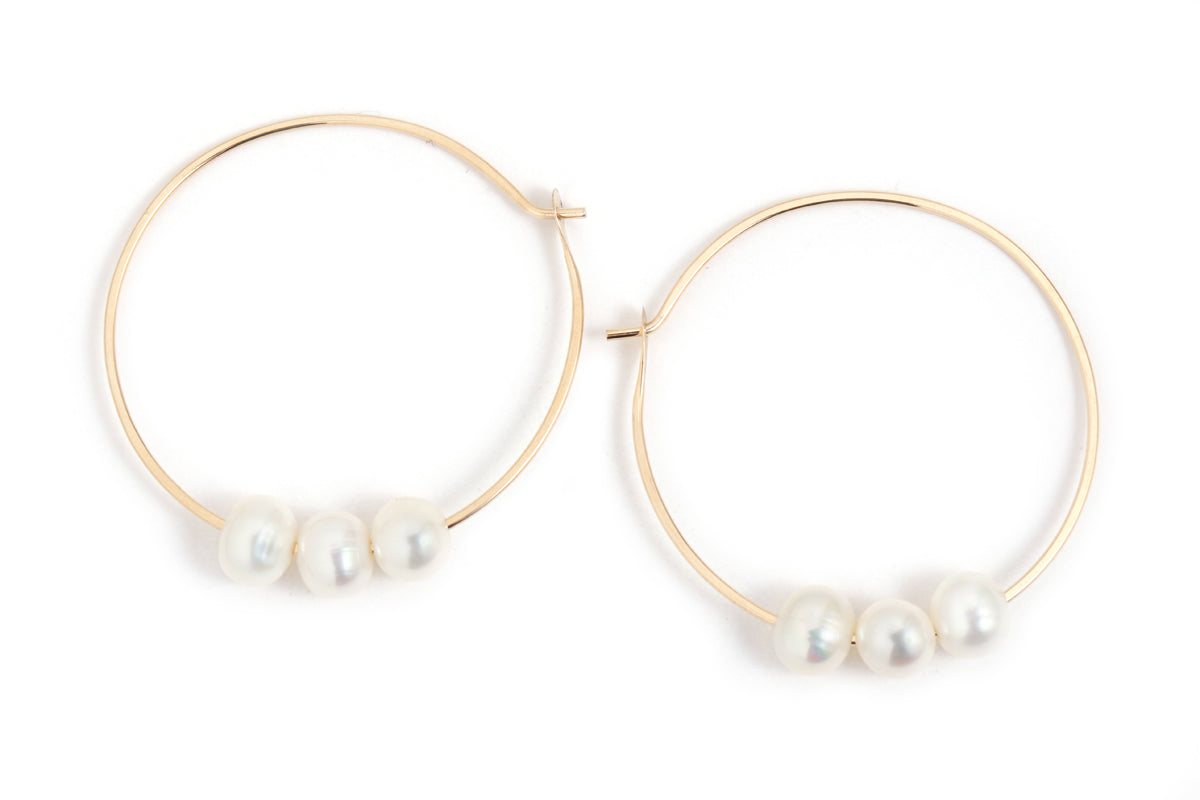 1.25 Inch Hoops with 3 Floating Pearls Gold Earrings E3029