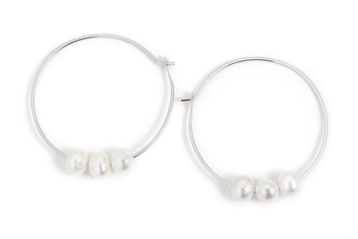 1.25 Inch Hoops with 3 Floating Pearls Silver Earrings E3029s