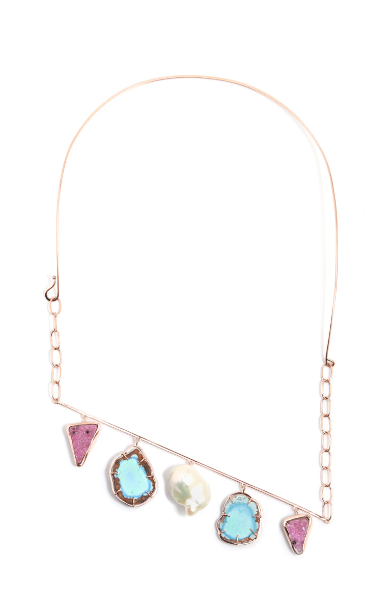 Mobile Collar Necklace with Cobalto calcite, Kazakhstani turquoise, and baroque pearl Necklaces OFK4278