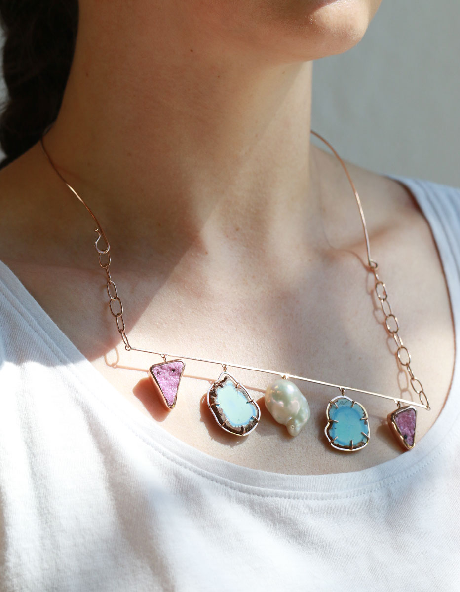 Mobile Collar Necklace with Cobalto calcite, Kazakhstani turquoise, and baroque pearl Necklaces ofk4278-onmod